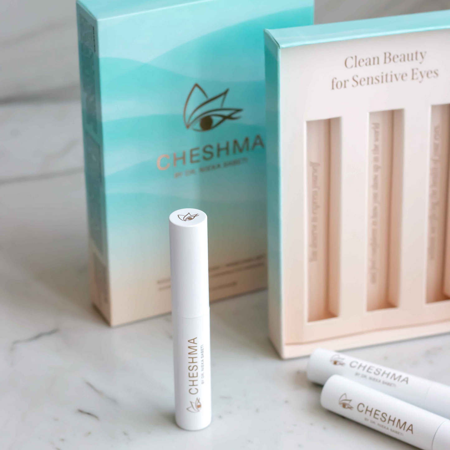 Cheshma Beauty mascara box with three vials