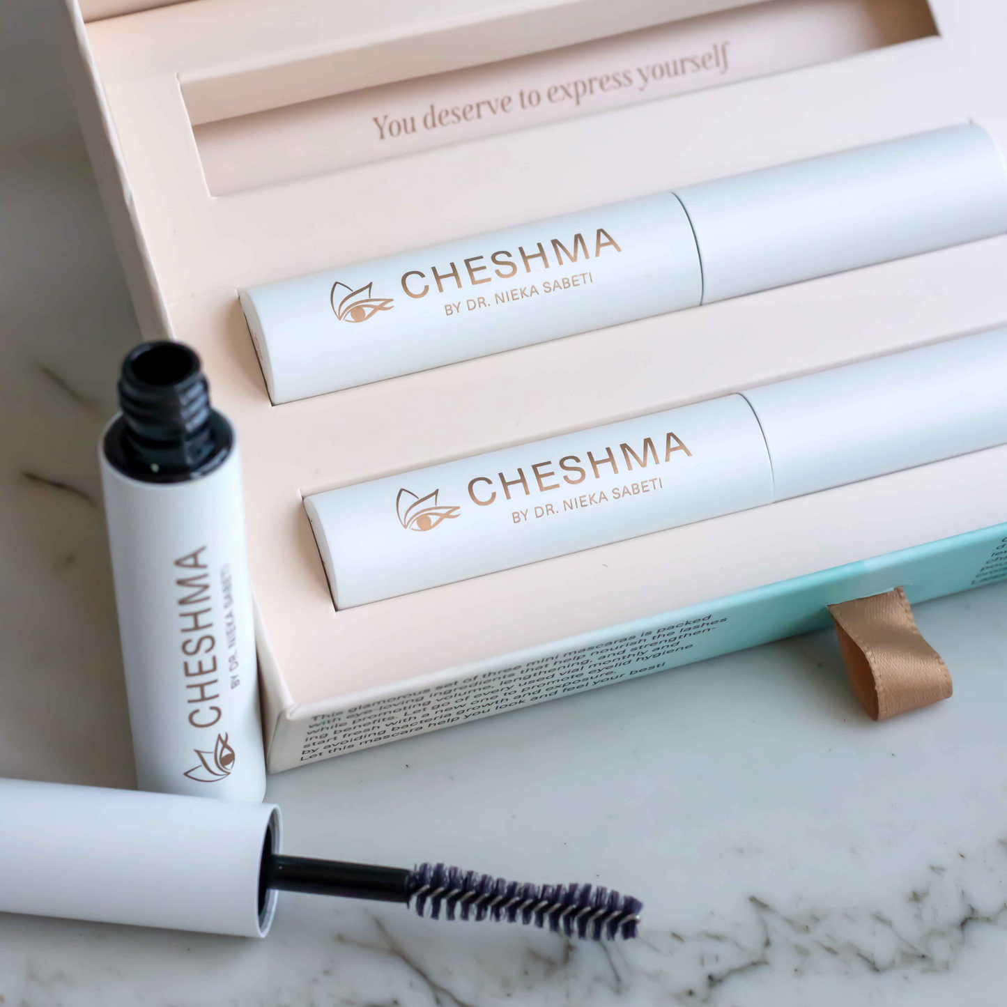 Cheshma Beauty Clean Mascara box with 3 vials of mascara
