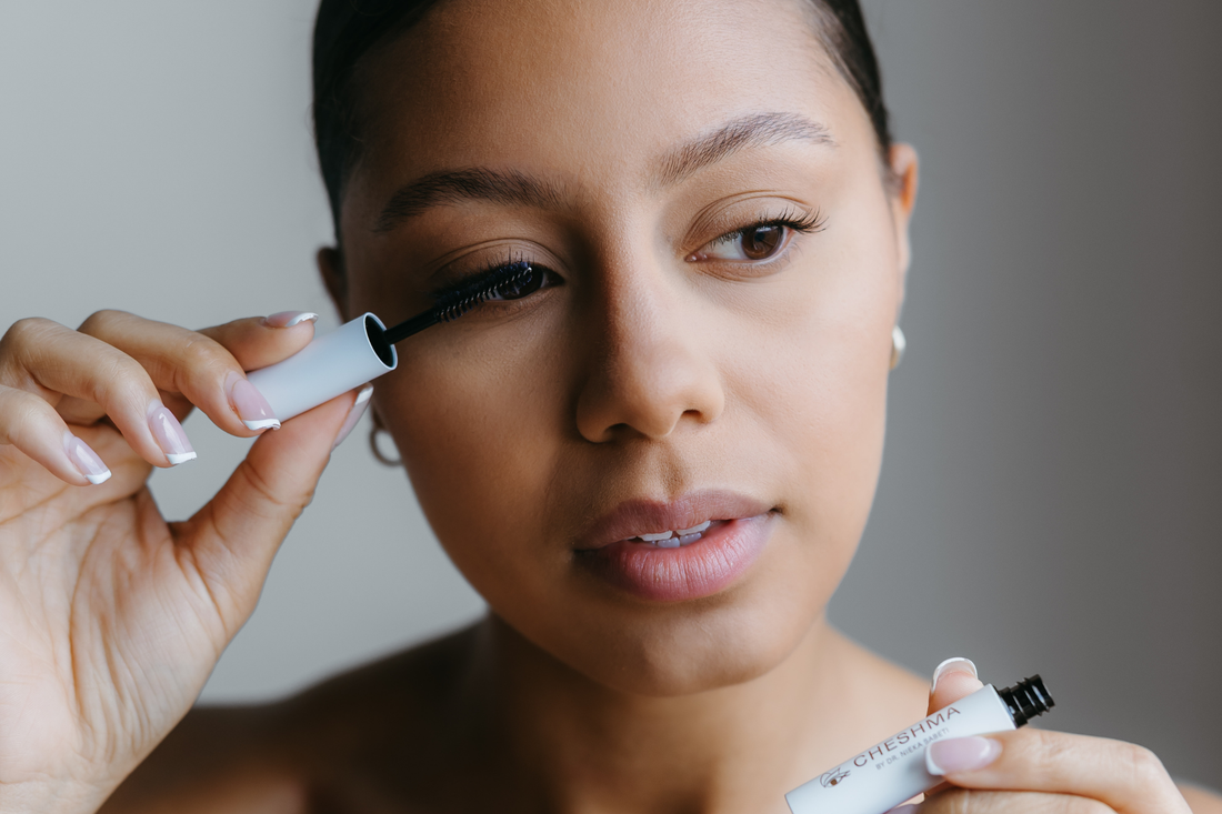Hypoallergenic mascara being applied for CHESHMA Beauty. A Canadian cosmetic company formulated by an optometrist.