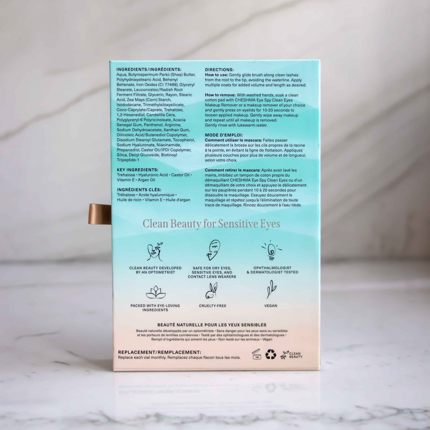 Cheshma Beauty Mascara box back details with blue waves