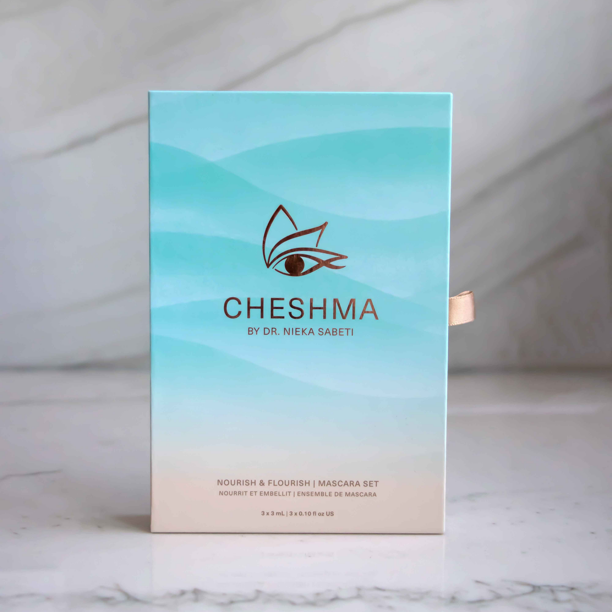 Chesham Beauty Mascara Box with blue waves and logo
