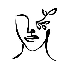 Minimalist line illustration of a woman's face with botanical leaves, representing Cheshma Beauty's optometrist-developed clean beauty products.